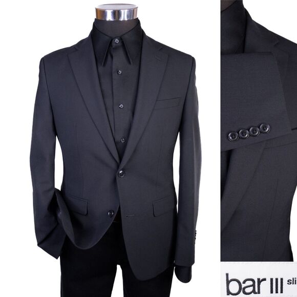 BAR III Men's Blazer Black Sz 36S Sport Coat Slim-Fit Solid Two Button Wool Blnd - Picture 1 of 14